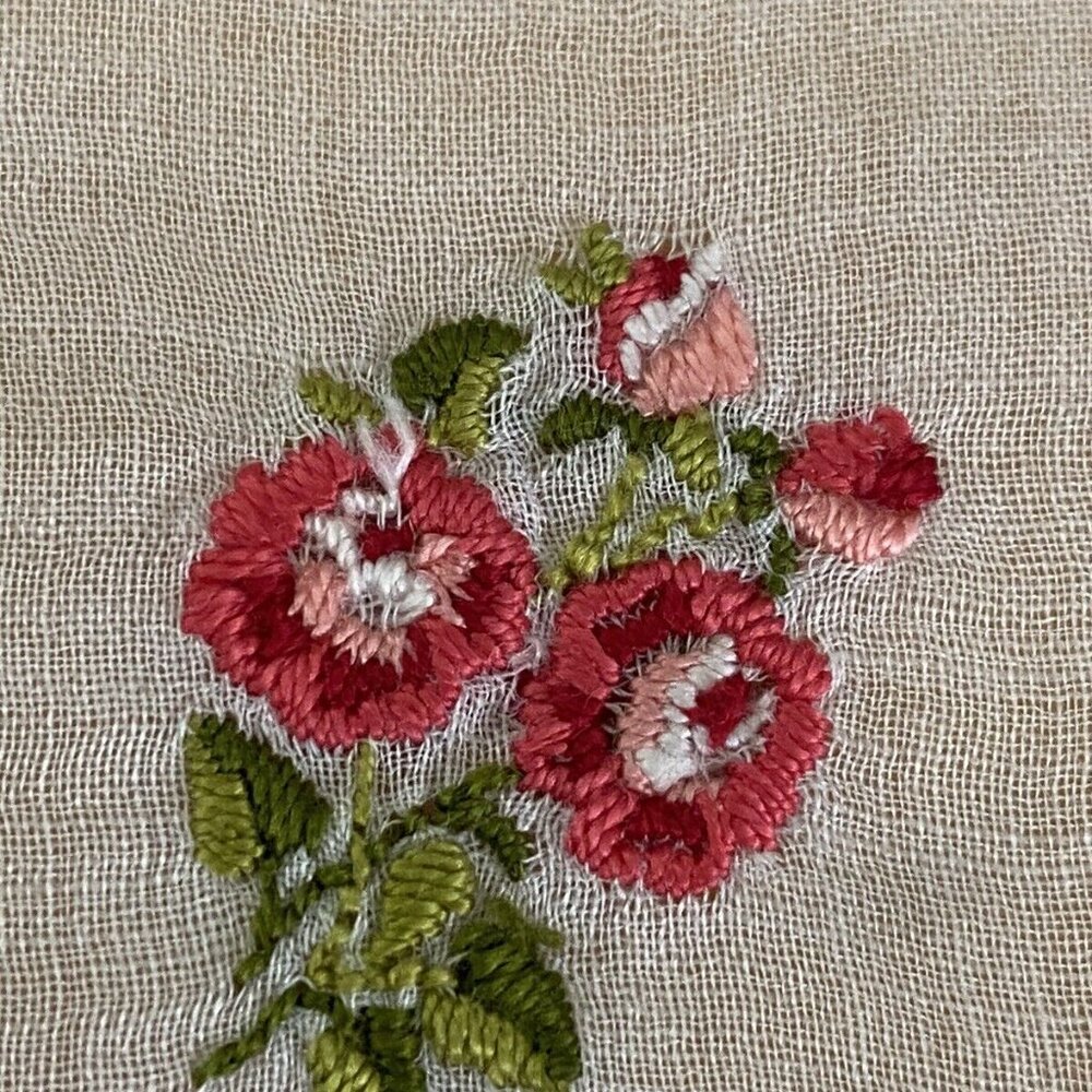 Vintage Mid Century Cotton Embroidered Red Roses Scarf Handkerchief‎ 11" Square - Picture 10 of 16